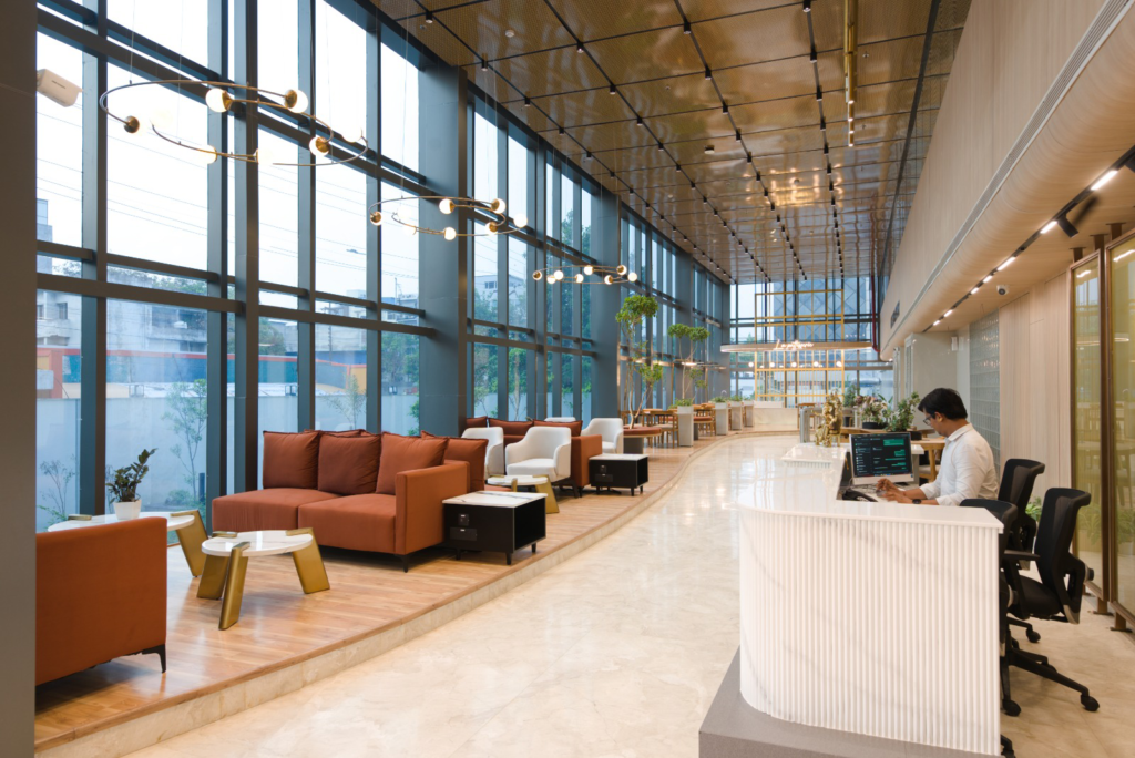 Flexible virtual office workspace solutions showing hot desks, private offices and collaborative areas in Noida business district